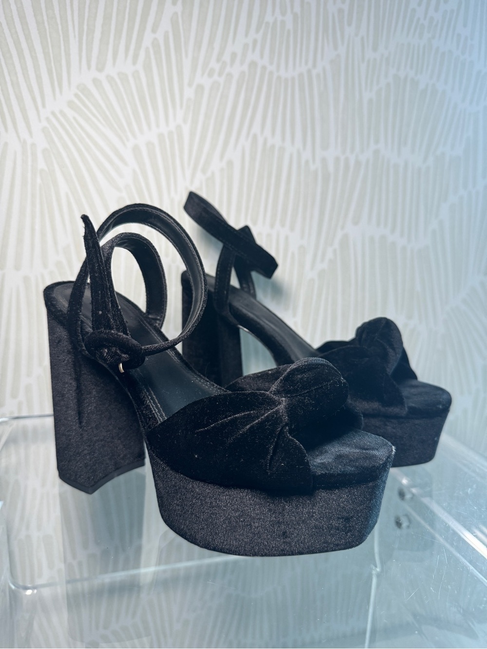 ASOS Black Velvet Bow Ankle-Strap Platform Heels - Picture 4 of 4